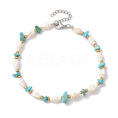 Synthetic Turquoise Chips & Natural Trumpet Shell Beaded Anklets AJEW-AN00585-1