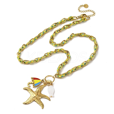 Starfish & Umbrella 304 Stainless Steel Enamel Pendant Necklaces NJEW-L465-07G-1