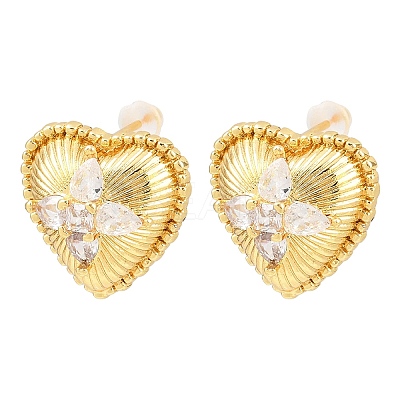 Heart Brass Micro Pave Clear Cubic Zirconia Stud Earrings EJEW-K325-01G-1