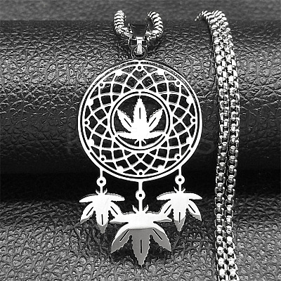 201 Stainless Steel Woven Web/Net with Leaf Pendant Necklaces NJEW-K283-07P-1