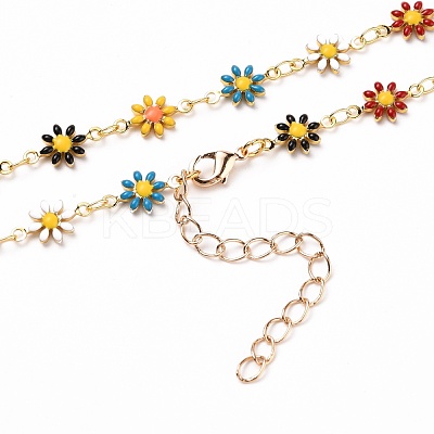 Golden Brass Flower Enamel Links Chain Necklaces NJEW-JN03171-01-1