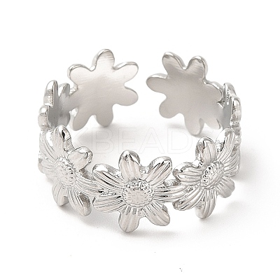 Non-Tarnish 304 Stainless Steel Sunflower Open Cuff Ring for Women RJEW-E063-08P-1