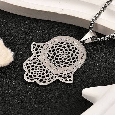 201 Stainless Steel Hollow Religion Hamsa Hand Pendant Necklaces NJEW-M086-01P-1