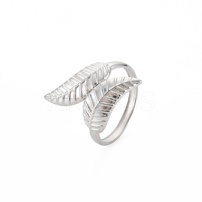 Non-Tarnish 304 Stainless Steel Leaf Open Cuff Ring for Women RJEW-S405-175P-1