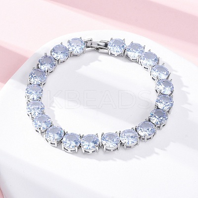 Brass Pave Clear Cubic Zirconia Flat Round Link Chain Bracelets for Women BJEW-A034-02P-1