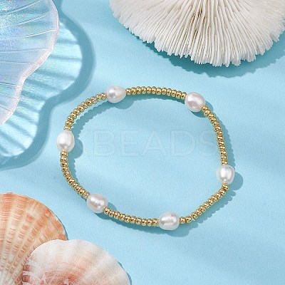 Oval Natural Cultured Freshwater Pearl & Glass seed Beaded Stretch Bracelets for Women BJEW-JB10536-1