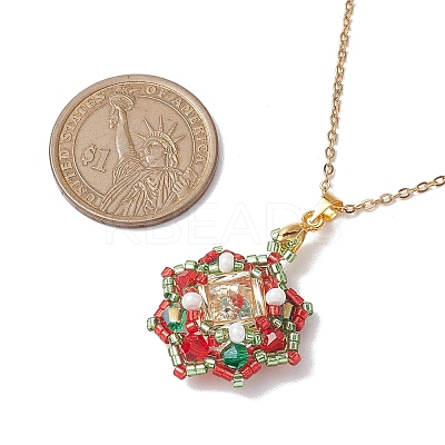 Christmas Theme Flower Glass Seed Beads & Rhinestone Pendant Necklaces NJEW-MZ00045-1