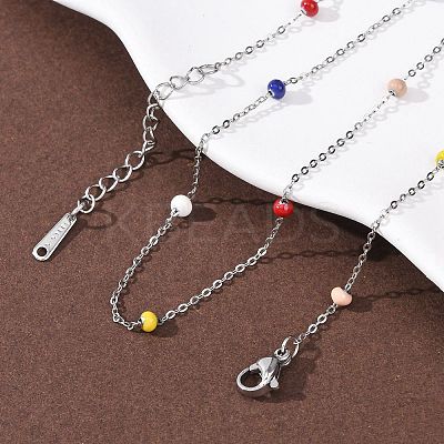 304 Stainless Steel Enamel Rondelle Bead Cable Chain Necklaces for Women NJEW-G190-01P-1