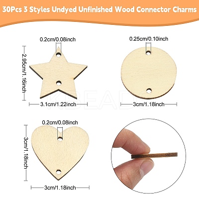 30Pcs 3 Styles Undyed Unfinished Wood Connector Charms WOOD-YW0001-12-1