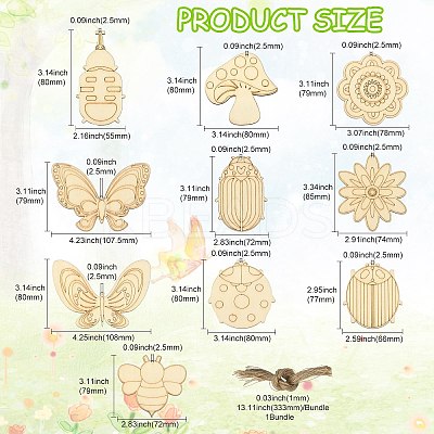 60Pcs 10 Style Spring theme Butterfly/Ladybird/Flower Unfinished Wood Pieces DIY-CJC0012-01-1