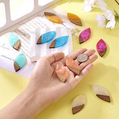 12Pcs 6 Colors  Transparent Resin & Walnut Wood Big Pendants RESI-TA0003-42-1