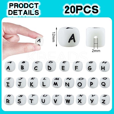 20Pcs Luminous Cube Letter Silicone Beads 12x12x12mm Square Dice Alphabet Beads with 2mm Hole Spacer Loose Letter Beads for Bracelet Necklace Jewelry Making JX437N-1