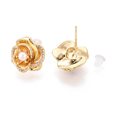 Brass Pave Clear Cubic Zirconia Flower Stud Earrings KK-T077-24G-1