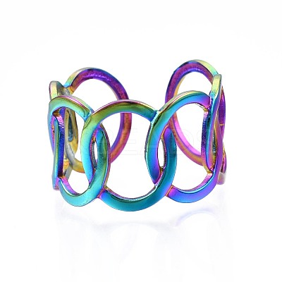 304 Stainless Steel Interlocked Rings Cuff Ring RJEW-N038-085-1