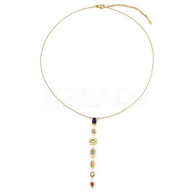 304 Stainless Steel Pave Cubic Zirconia Rectangle Oval Drop Pendant Long Tassel Necklaces FS-WGDB594-01-1