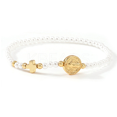 Adjustable White Round Imitation Pearl and Brass Cross Saint Benedict Beaded Bracelets MA5671-1