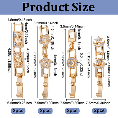 8Pcs 4 Styles Brass Micro Pave Clear Cubic Zirconia Fold Over Clasps KK-UN0005-23-1