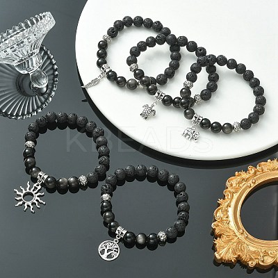 Natural Lava Rock & Silver Obsidian Beaded Stretch Bracelet with Alloy Charms BJEW-JB09453-1