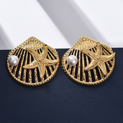 Shell Shape with Starfish 304 Stainless Steel Plastic Imitation Pearl Stud Earrings EJEW-Z109-04G-1