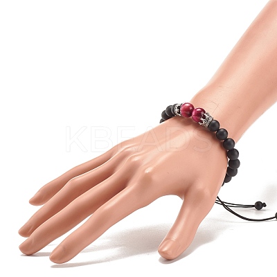 Natural Frosted Dyed & Heated Black Agate & Tiger Eye Braided Bead Bracelet with Alloy Crown BJEW-JB08249-03-1