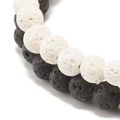 2Pcs 2 Style Natural Lava Rock(Dyed) Round Beaded Stretch Bracelets Set with Heart BJEW-JB07579-1
