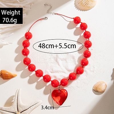 Glass Heart Pendant Round Plastic Beaded Necklaces for Women FS-WG4AA6D-05-1