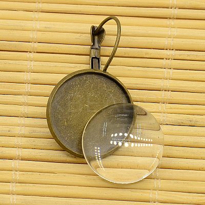 Brass Leverback Hoop Earring Components and Flat Round Transparent Clear Glass Cabochons KK-X0004-NF-1