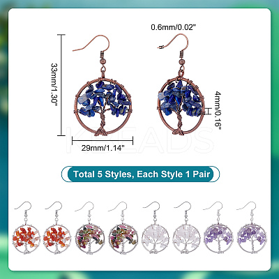 5 Pairs 5 Style Natural Mixed Stone Chip Beads Wrapped Tree of Life Dangle Earrings for Women EJEW-UN0001-97-1