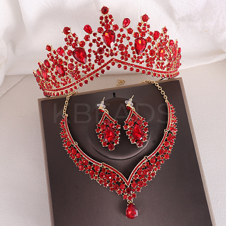 Teardrop Alloy Rhinestone Pendant Necklaces & Stud Dangle Earrings & Crown Hair Band Sets FS-WGCA643-02-1