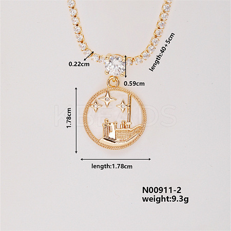 Fashion Brass Rhinestones Flat Round Pendant Necklace for Women AB9344-2-1