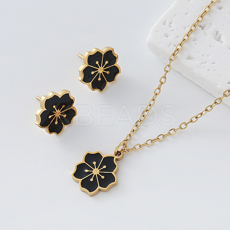 304 Stainless Steel Enamel Flower Pendant Necklace & Stud Earrings Set for Women BR4315-5-1