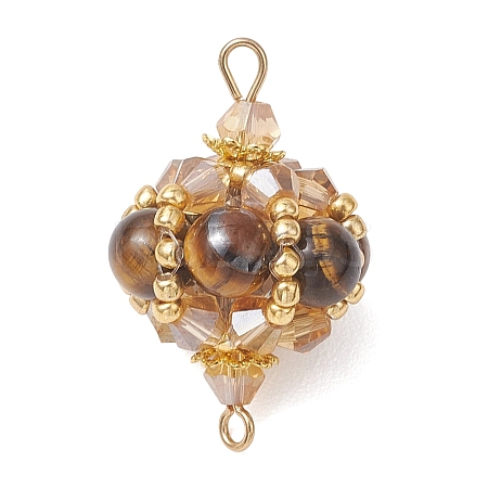 Natural Tiger Eye Round and Glass Seed Beaded Lantern Links Connector Charms PALLOY-MZ01176-02-1