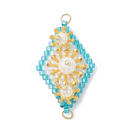 Imitation Pearl & Glass Seed Beaded Floral Rhombus Links Connector Charms PALLOY-MZ01182-01-1