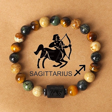 Twelve Constellations Natural Tiger Eye & Picture Jasper & Rhyolite Jasper Round & Column Beaded Stretch Bracelets for Women Men WG6FA5D-11-1