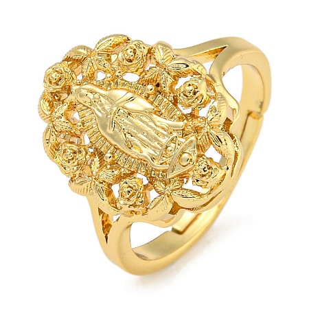 Oval with Saint Rack Plating Brass Adjustable Rings for Women RJEW-I105-03G-01-1