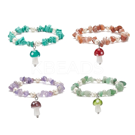 4Pcs 4 Style Natural & Synthetic Mixed Gemstone Chips & Glass Pearl Beaded Stretch Bracelets Set BJEW-TA00207-1