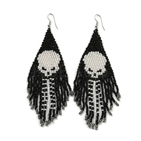 Boho Seed Bead Halloween Skeleton Tassel Earrings EJEW-Q380-04D-1