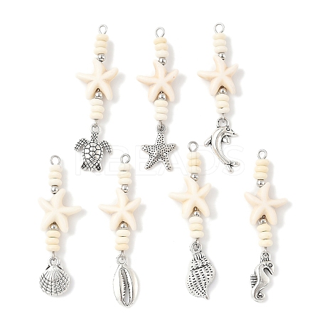 7Pcs 7 Styles Ocean Alloy & Starfish Rondelle Synthetic Turquoise Beaded Big Pendants PALLOY-JF04012-1