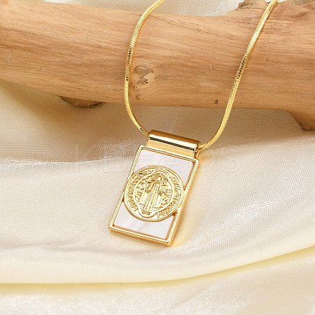 Brass Pave Shell Rectangle Saint Benedict Medal Pendants Necklaces for Women NJEW-Z053-01G-01-1