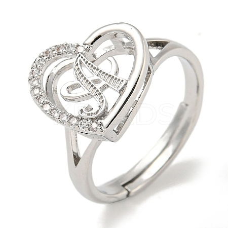 Heart with Letter Rack Plating Brass Micro Pave Cubic Zirconia Adjustable Rings for Women RJEW-I105-06P-A-1