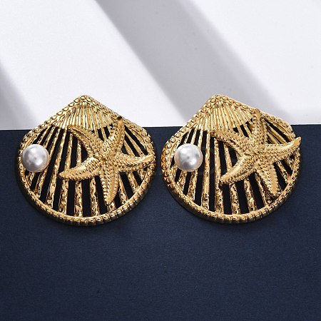 Shell Shape with Starfish 304 Stainless Steel Plastic Imitation Pearl Stud Earrings EJEW-Z109-04G-1