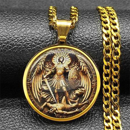 201 Stainless Steel Glass Flat Round with Archangel Michael Pendant Necklaces for Women LS-NJEW-M105-09G-1