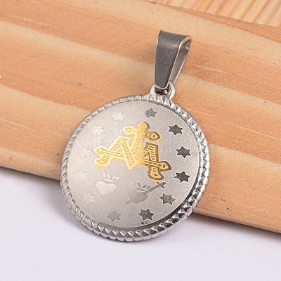 Flat Round with Virgin Mary & Word 304 Stainless Steel Pendants STAS-I036-02B-1