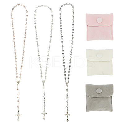 3Pcs Round White Glass Pearl Rosary Bead Necklaces NJEW-GO0001-18-1
