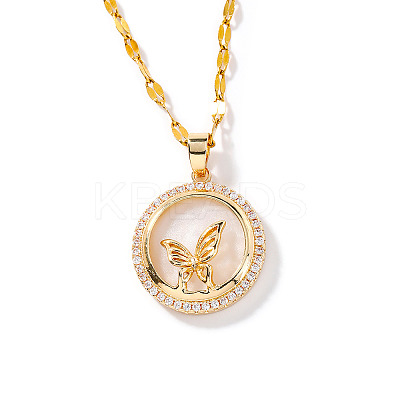 Brass Clear Cubic Zirconia Flat Round Butterfly Pendant Dapped Chain Necklaces for Women LS-WA9125-1