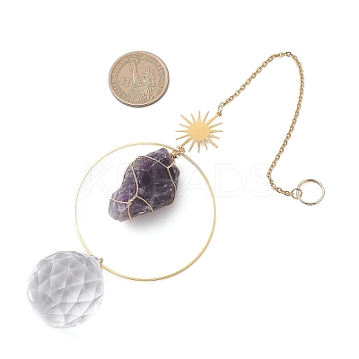 3Pcs Nuggets Natural Amethyst & Fluorite & Rose Quartz & Glass Round Hanging Suncatchers HJEW-JM04660-1