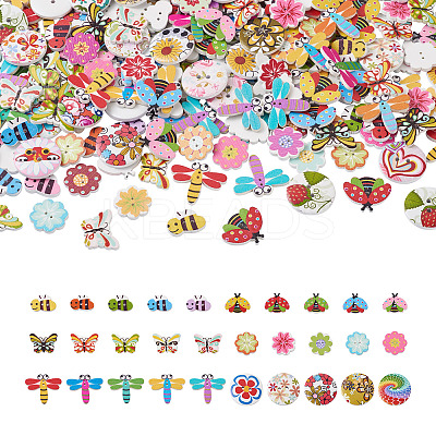 300Pcs 6 Style Painted Poplar Wood Buttons FIND-MP0001-08-1