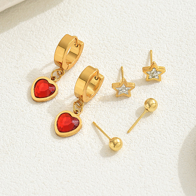 3 Pairs Elegant Red Heart & Star & Round Stainless Steel Earrings Set SS5337-1