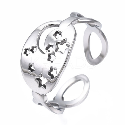 Non-Tarnish 304 Stainless Steel Moon and Star Open Cuff Ring RJEW-T023-12P-1