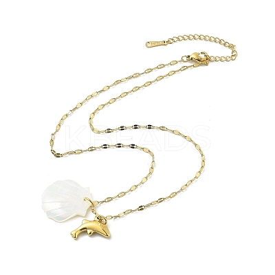 Summer Beach Natural Shell & 304 Stainless Steel Pendant Necklaces for Women NJEW-P323-01A-G-1